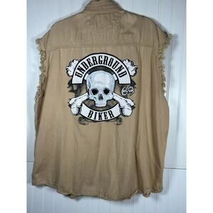 Interstate denim Sleeveless Tan Biker Shirt With Skull underground biker 2XL